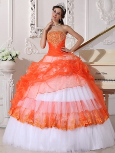 Orange and White Quinceanera Dress Strapless Appliques Ball Gown