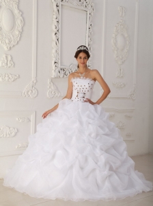 White Quinceanera Dress Strapless Court Train Beading