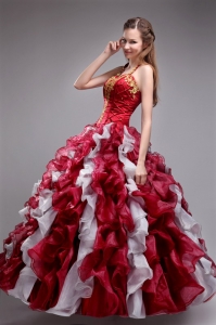 Wine Red Quinceanera Dress Halter Orangza Applqiues and Ruffles