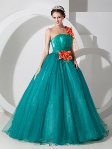 Teal A-line One Shoulder Quinceanera Dress Hand Made Flowers