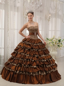 Brown Quinceanera Dress Sweetheart Leopard Ruffles Ball Gown
