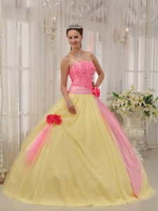 Pink and Yellow Quinceanera Dress Strapless Tulle