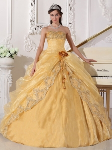 Gold Quinceanera Dress Strapless Embroidery Beading Ball Gown