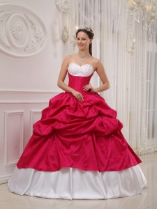 Hot Pink and White Sweetheart Taffeta Beading Pick-ups Ball Gown