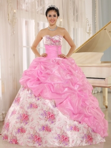 Rose Pink Print Sweetheart Beaded and Pick-ups Quinceanera Dress