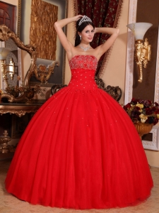 2013 Red Quinceanera Dress Strapless Tulle Beading Ball Gown