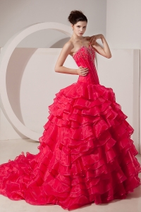 2014 Coral Red Prom Dress Sweetheart Brush Train Beading