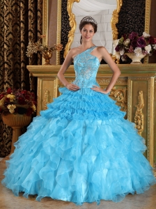 Aqua Blue Quinceanera Dress One Shoulder Beading Ball Gown