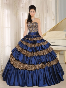 Navy Blue Leopard Layers and Appliques Quinceanera Dress