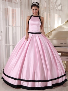 Baby Pink with Black Trim Quinceanera Dress Bateau Train