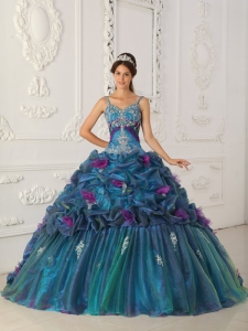 Beaded Teal Straps Pick-ups Flowers Quinceanera Dress