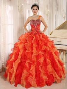 One Shoulder Orange Red Beaded Ruffles Quinceanera Dress
