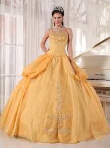 Gold Spaghetti Straps Appliques Pick-ups Quinceanera Dress