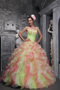 Multi-color Sweet 16 Dress Strapless Ruffles Hand Flowers