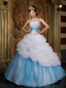 White and Baby Blue Quinceanera Dress Halter Beading