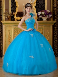 Quinceanera Dress One Shoulder Teal Tulle Appliques Beading