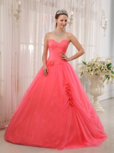 Watermelon Red Sweetheart Beading Flower Quinceanera Dress