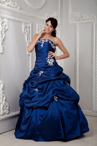 Royal Blue Strapless Quinceanea Dress Appliques Pick-ups