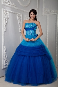Blue A-line Quinceanea Dress Sweetheart SequinTulle Ruch