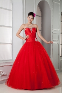 Red Beaded Sweetheart Tulle Tulle Sweet 16 Dress