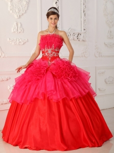 Applique Red Quinceanera Dress Strapless Organza Layers