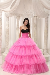 Rose Pink Sweetheart Beaded and Layers Quinceanera Dress