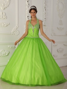 Halter Top Spring Green A-line Quinceanera Dress Beading
