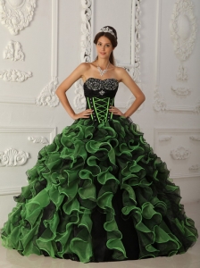 Green and Black Quinceanera Dress Sweetheart Ruffle Beading