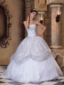Strapless White Quinceanera Dress Pick-ups Sequins