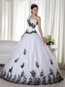 A-line One Shoulder White Embroidery Quinceanera Dress