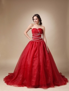 Wine Red Beaded A-Line Sweetheart Chapel Train For Sweet 16