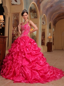 Spaghetti Straps Hot Pink Sweet 16 Dress Ruffles Embroidery