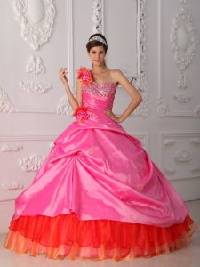 Rose Pink Quinceanera Dress One Shoulder Organza Taffeta