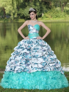 Organza Beaded Pick-ups Ruffles Brush Train Quinceanera Dress