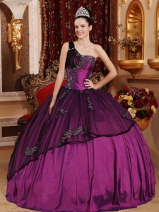 Purple Quinceanera Dress One Shoulder Taffeta Organza Appliques