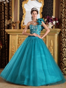 Elegant Teal Quinceanera Dress One Shoulder Tulle Beading