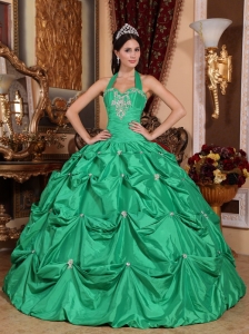 Green Quinceanera Dress Halter Top Taffeta Appliques