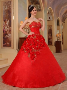 Red Sweet 16 Quinceanera Dress Sweetheart Flowers Organza
