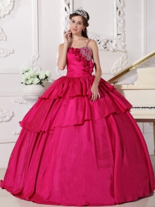 Hot Pink Quinceanera Dress Beaded Straps Hand Made Flowers