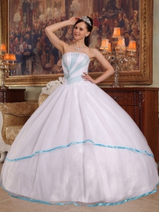 White with Blue Trim Strapless Quinceanera Dress Beading