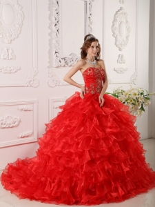 Red Quinceanera Dress Strapless Organza Ruffles Embroidery