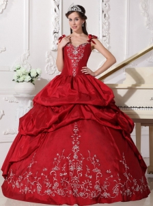 Modest Wine Red Quinceanera Dress Straps Taffeta Embroidery