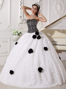 White Black Quinceanera Dress Strapless Floral Sequins
