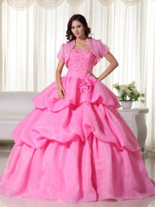 Rose Pink Strapless Floor-length Organza Quinceanera Dress