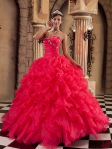 Coral Red Beaded Quinceanera Dress Sweetheart Ruffles Organza