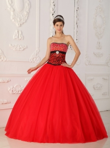 Red Quinceanera Dress Strapless Tulle Zebra Beading A-line