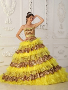 Yellow Quinceanera Dress with Leopard and Organza Ruffles