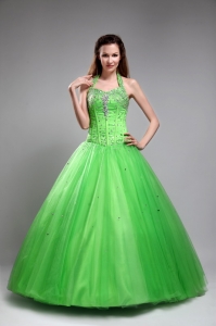 Tulle Beading Quinceanera Dress Halter Spring Green