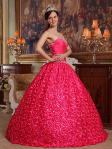 Coral Red Quinceanera Dress Strapless Fabric Rolling Flowers