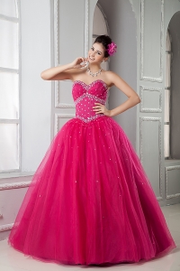 Hot Pink Sweet 16 Dress Ball Gown Sweetheart Tulle Beading